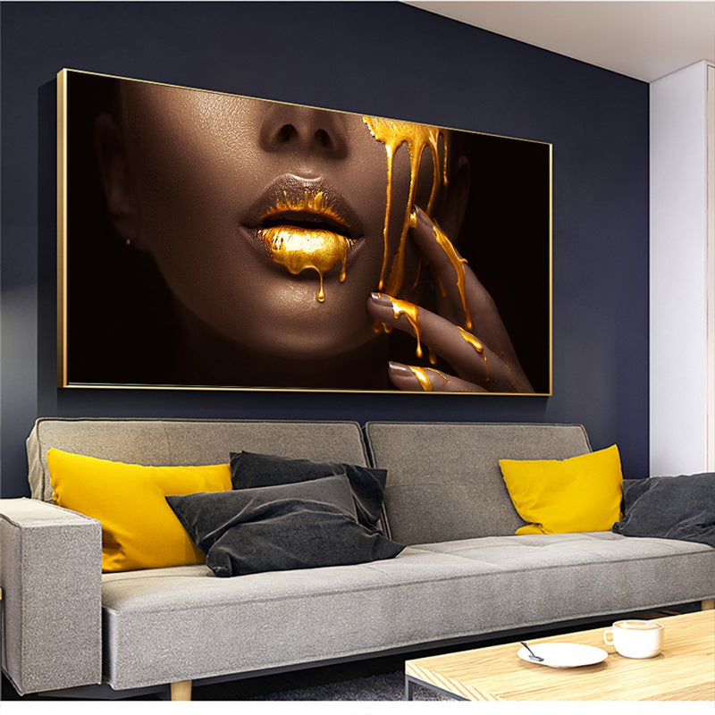 Black Gold Woman Golden Lips HD Print Canvas Painting