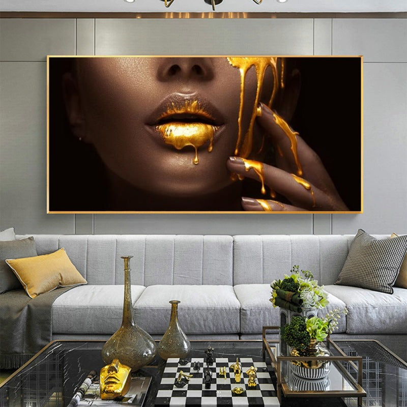 Black Gold Woman Golden Lips HD Print Canvas Painting