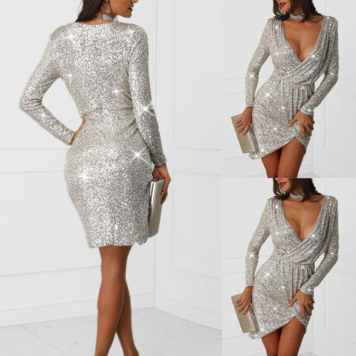 Sexy Lady’s Silver Sequin Bag Hip Dress