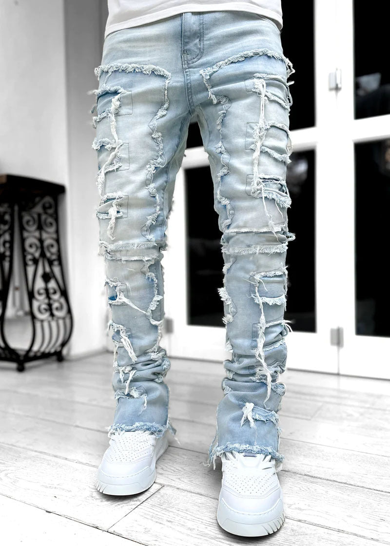 Men Trousers Individual Patched Pants Long Tight Fit Stacked Jeans For Men