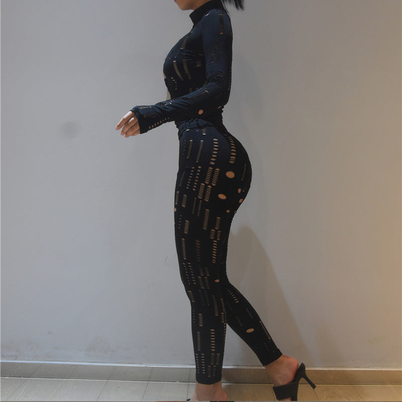 European And American Style Cutout Ripped High Waist Tight Trousers Leisure Sports Suit