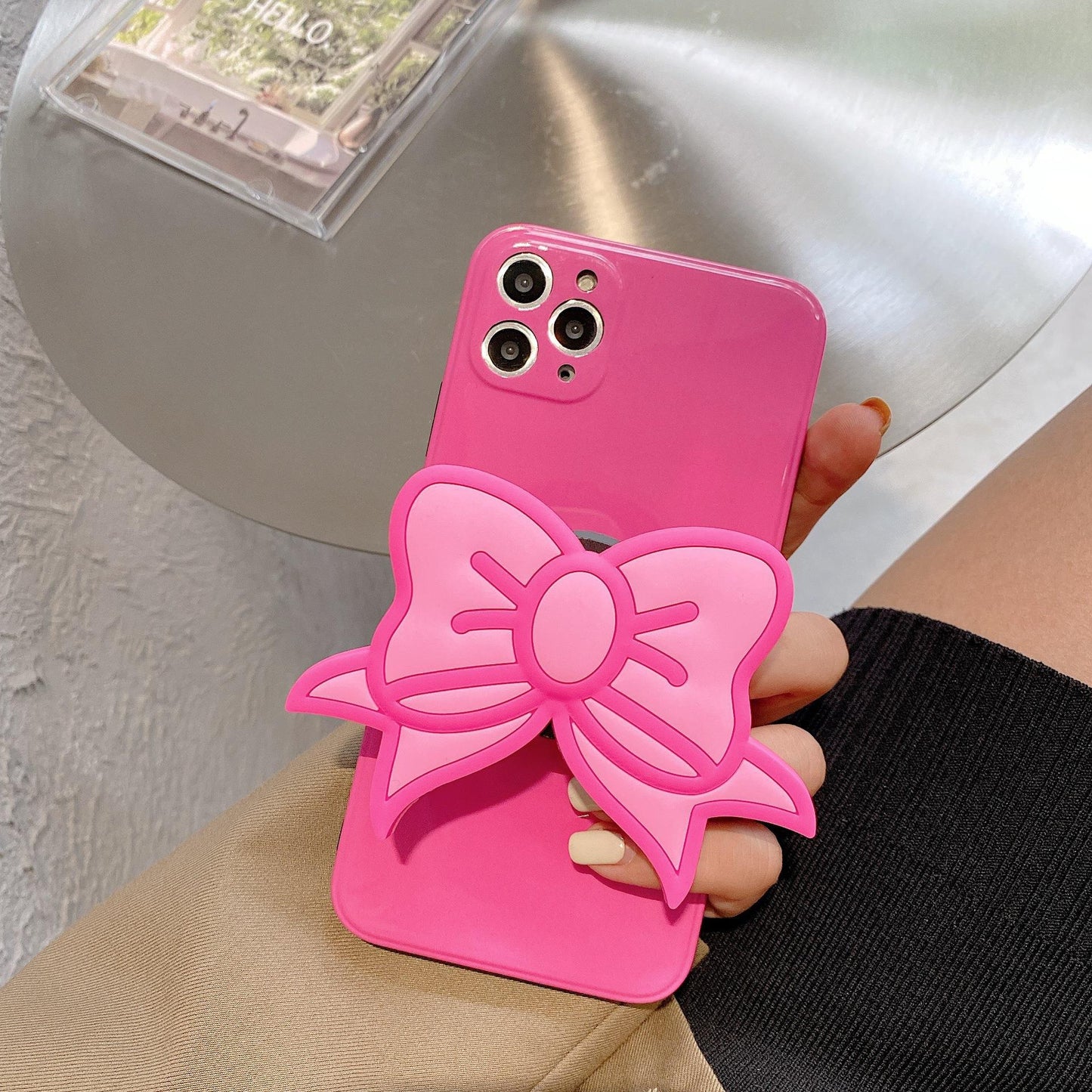 Korea Ins Pink Bow Personality Stand Phone Case