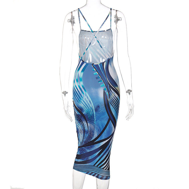 Summer Explosive Women's New Sling Halter Printed Dress