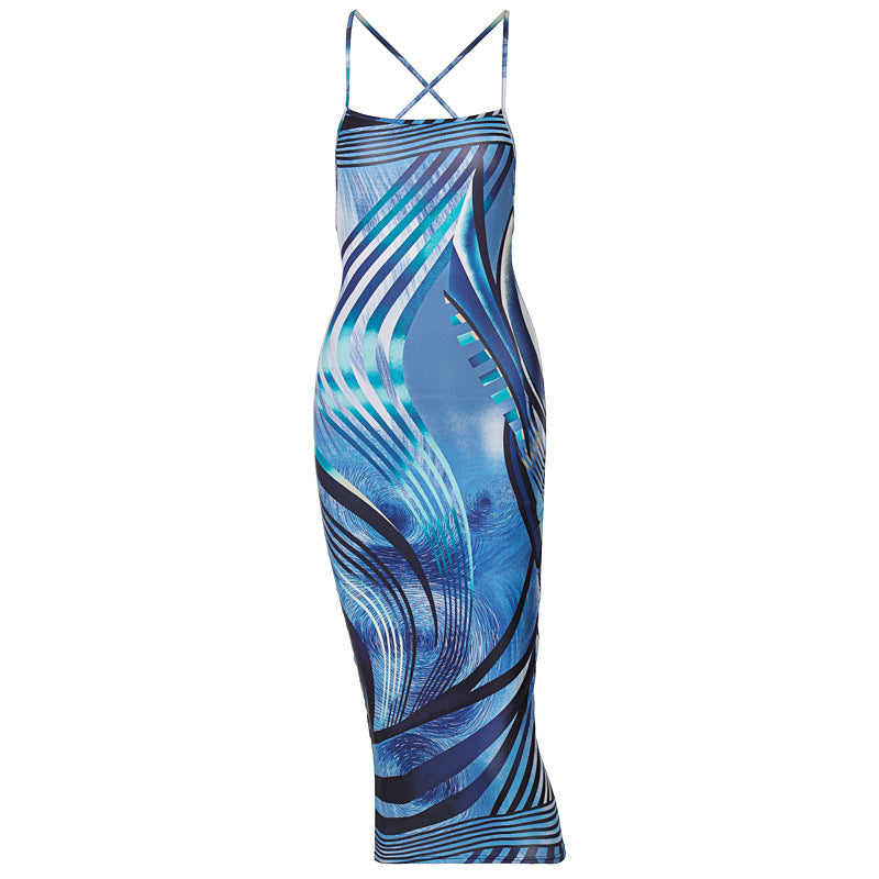 Summer Explosive Women's New Sling Halter Printed Dress
