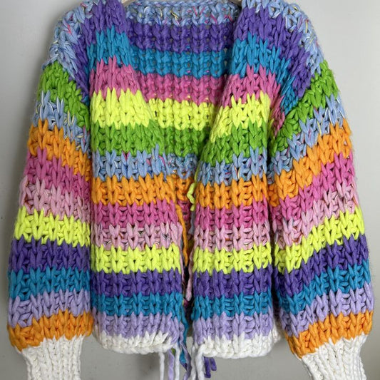 Autumn And Winter New Rainbow Stripes Loose And Lazy Style Women's Knitted Sweater
