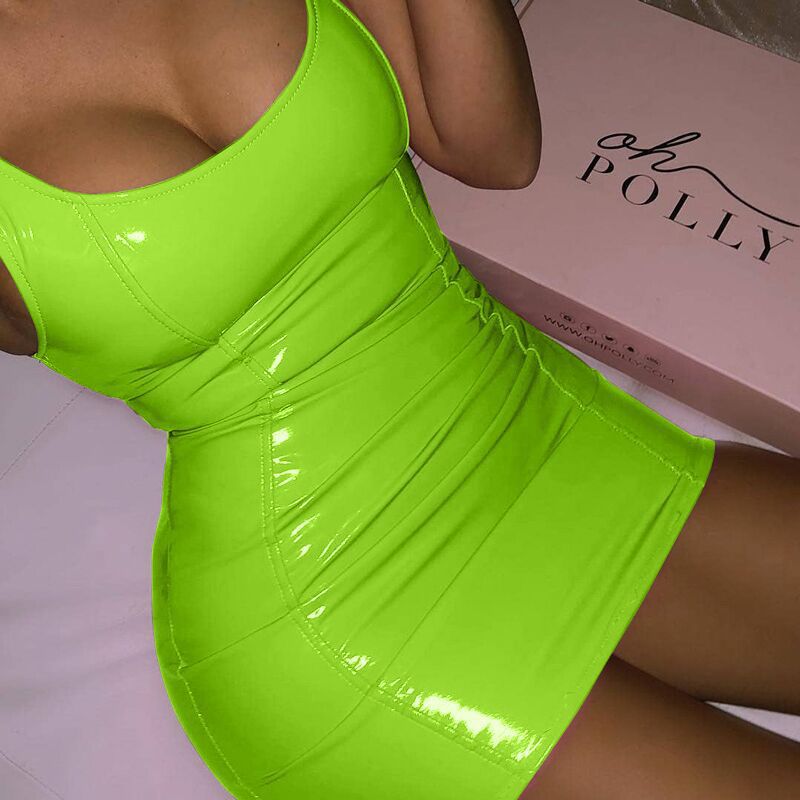 Solid Color Sling Dress Female Sexy Tight Leather Hip Skirt Party Festival Dresses