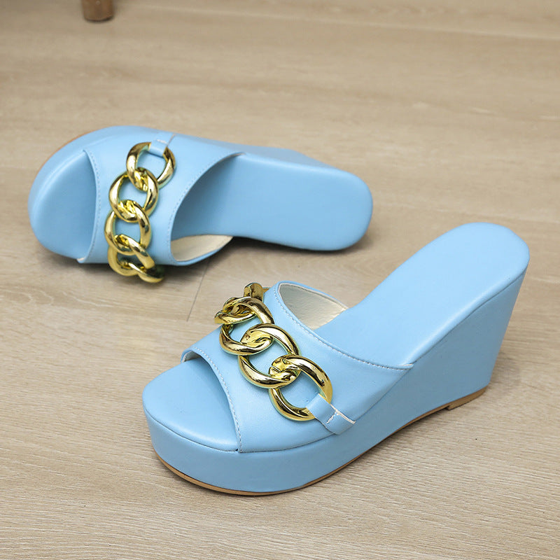 Gold Chain Shoes High Heel Wedges Slippers Women Slides Sandals