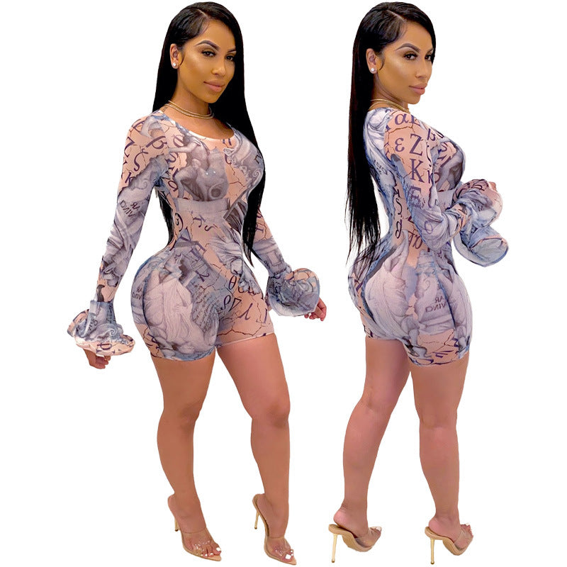 Women's Mesh Cloth Perspective Sexy Short Style Flared Sleeve Jumpsuit