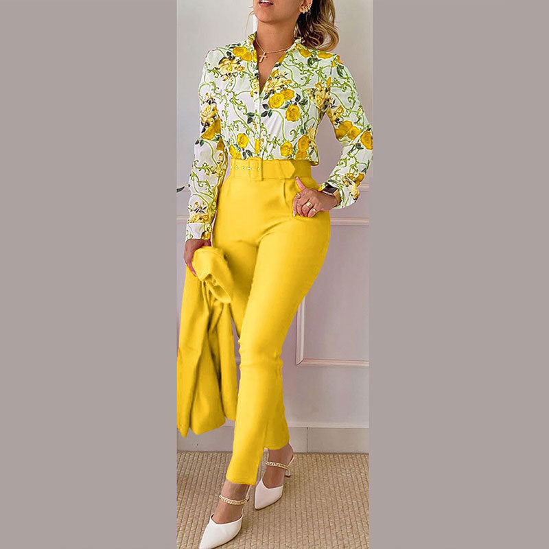 Women's Fashionable Printed Long-sleeved Shirt And Trousers Suit
