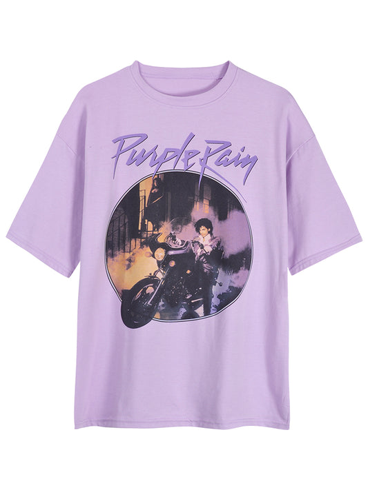 Vintage purple print loose loose short sleeve T-shirt