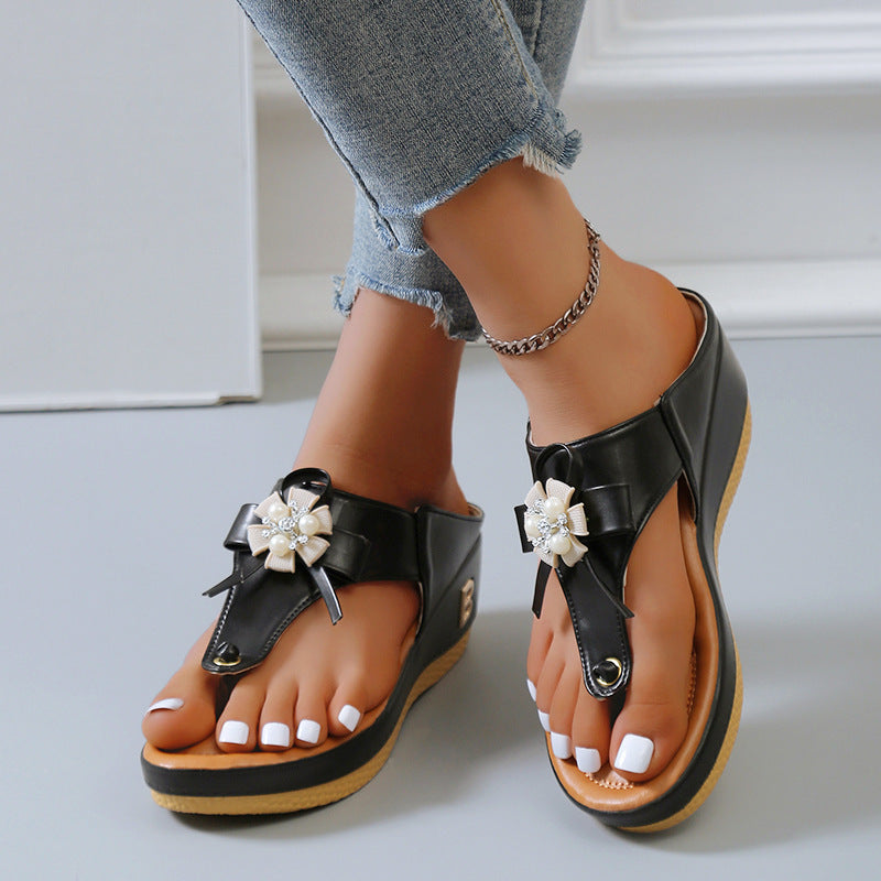 Flower Pearl Sandals Women Fashion Clip Toe Flip Flops Shoes Wedges Beach Shoes