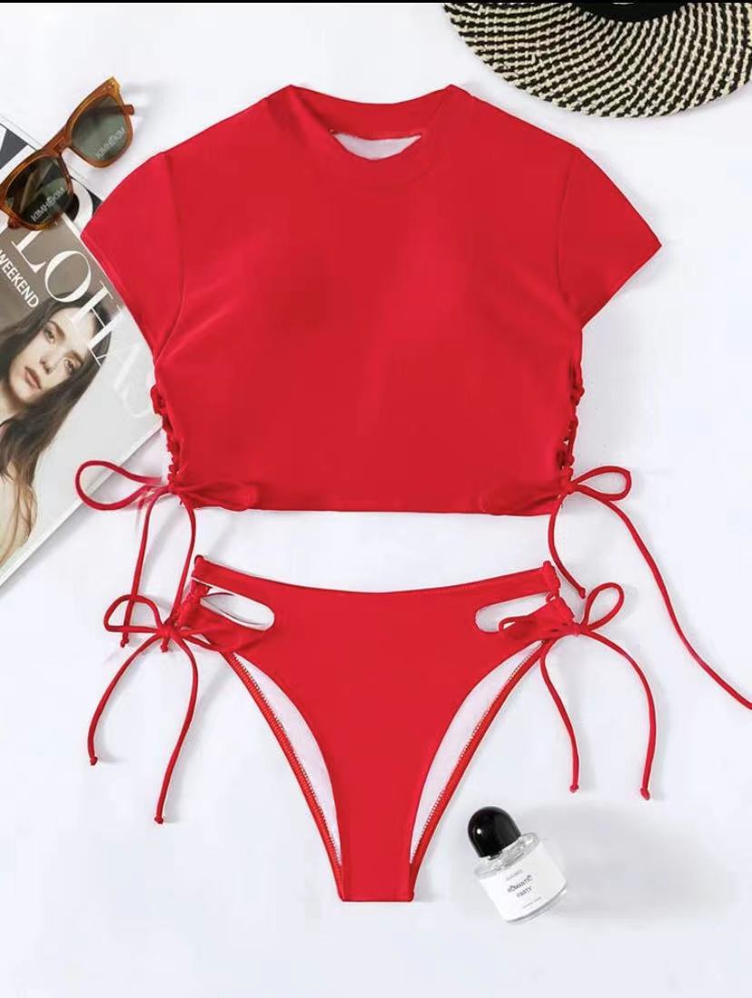 Women's Fashion One-piece Solid Color Short Sleeve Swimsuit