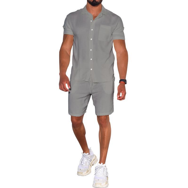 Cross-border Summer Menswear Suit Polo Collar Solid Color Short-sleeved Shorts Suit Button Four-sided Stretch Shirt