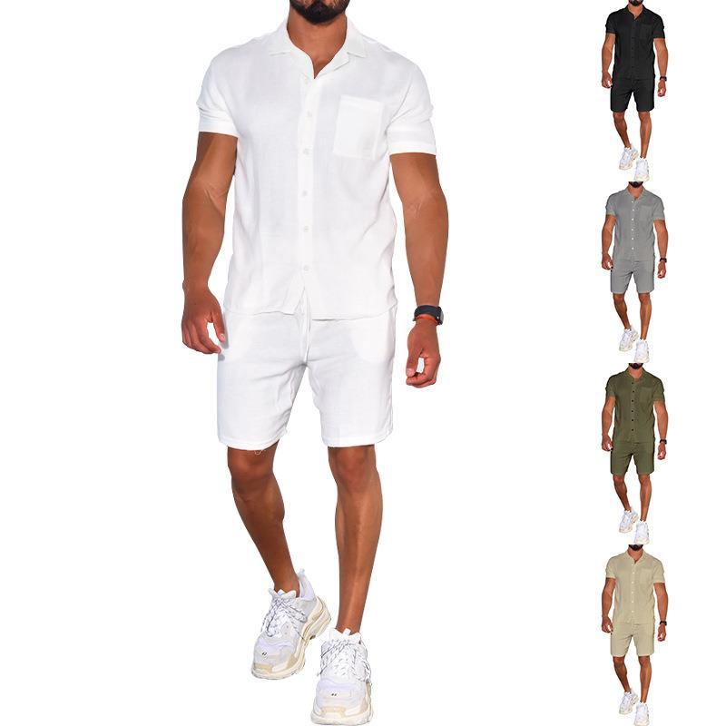 Cross-border Summer Menswear Suit Polo Collar Solid Color Short-sleeved Shorts Suit Button Four-sided Stretch Shirt
