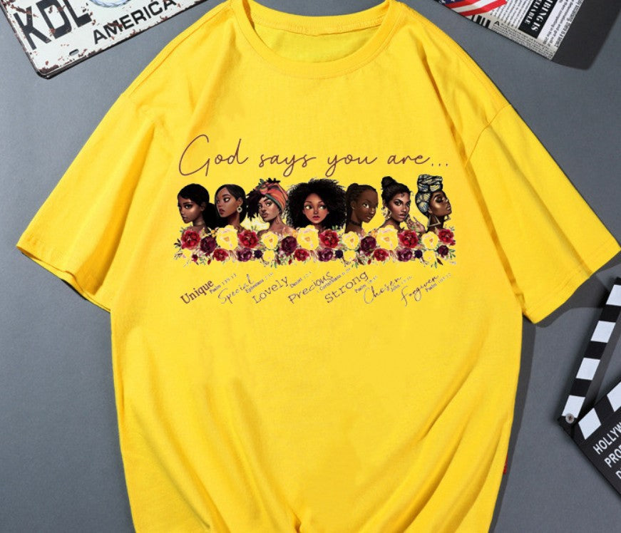 Black Girl Letter Print Round Neck Short Sleeve T Shirt