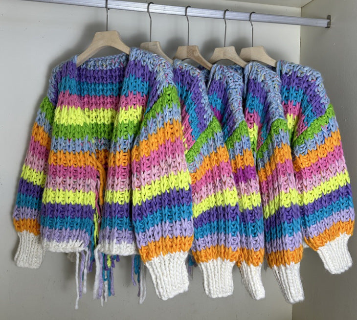 Autumn And Winter New Rainbow Stripes Loose And Lazy Style Women's Knitted Sweater
