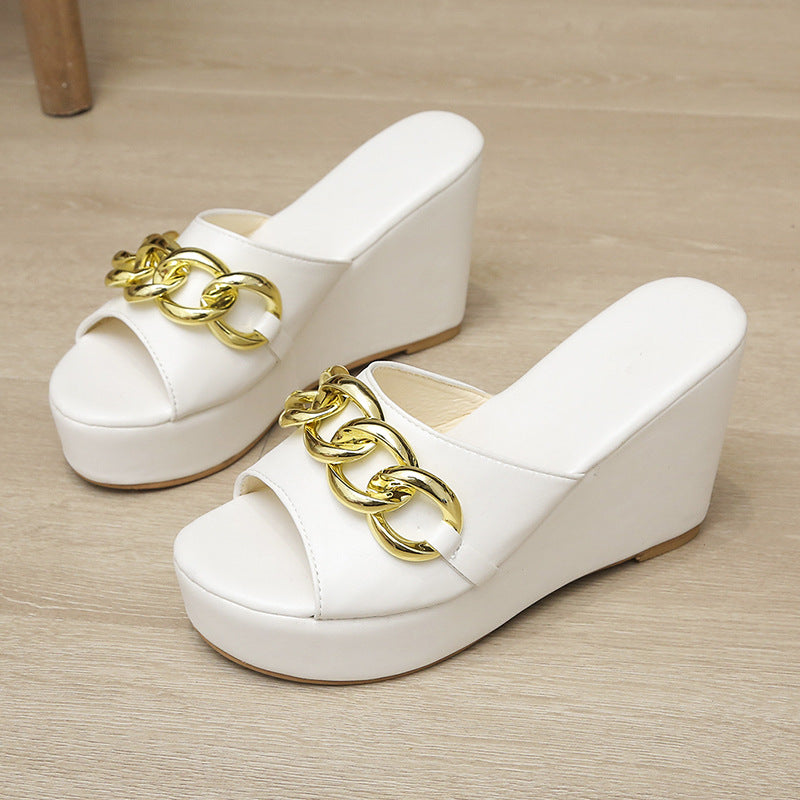 Gold Chain Shoes High Heel Wedges Slippers Women Slides Sandals