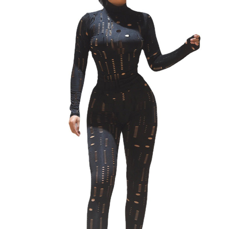 European And American Style Cutout Ripped High Waist Tight Trousers Leisure Sports Suit