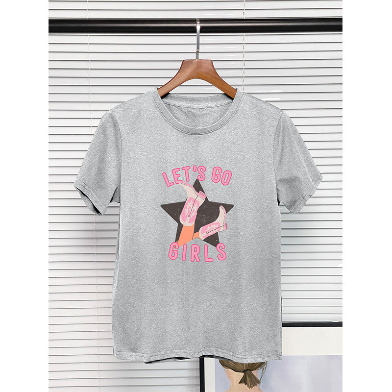 European And American Round Neck T-shirt 100 Cotton Denim Girl Boots Printing