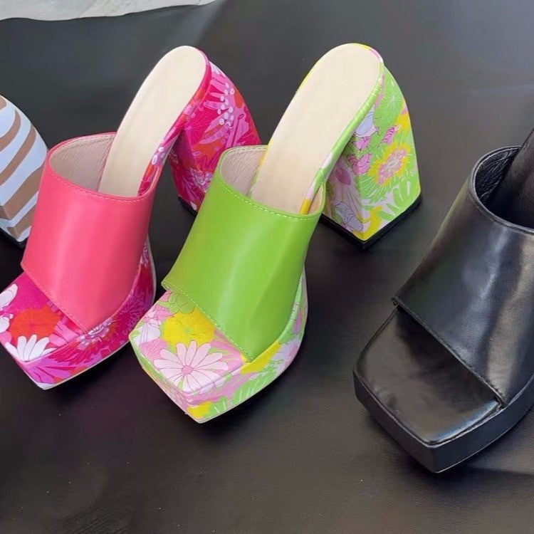 Summer Printing Shoes Square Tooe High Heel Sandals Woemen