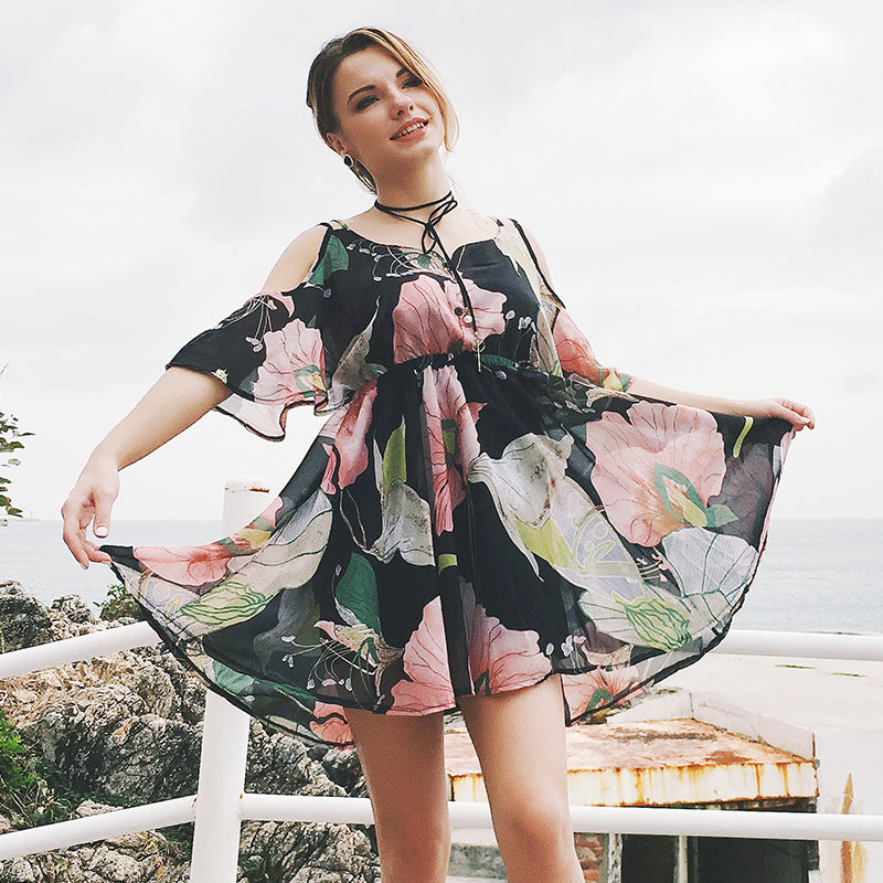 Summer Breeze “Fashion and Personality” Chiffon Floral Print Swing Style Short Dress