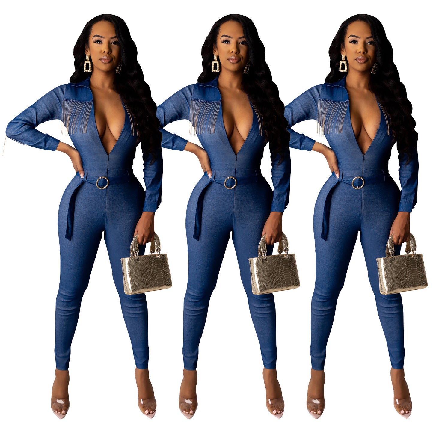 Sexy Lady’s Denim fringed solid color jumpsuit (with belt)
