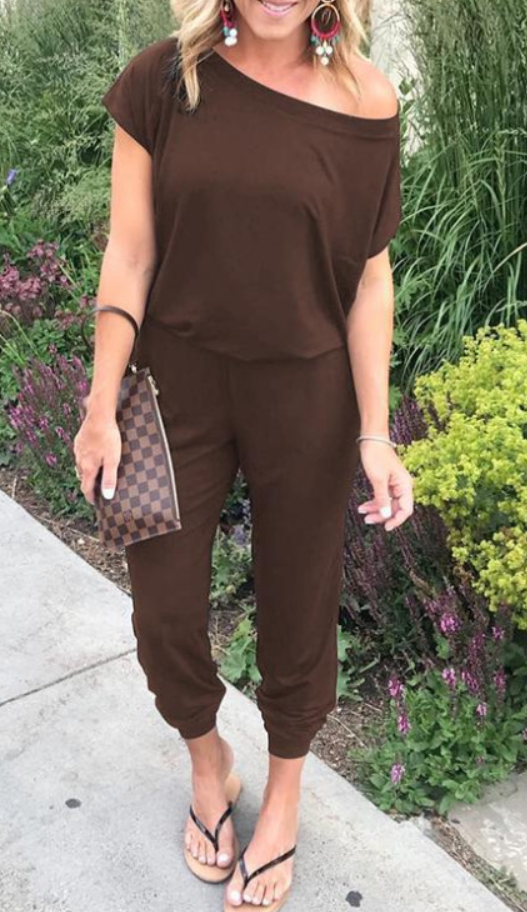 Lady’s Casual Slanted shoulder sleeve slinky trousers jumpsuit