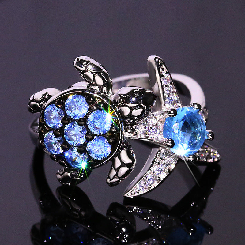 Sapphire full diamond turtle starfish ring