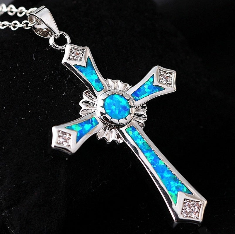 Precious Gem Fire Opal Sterling Silver Crystal Cross Pendant