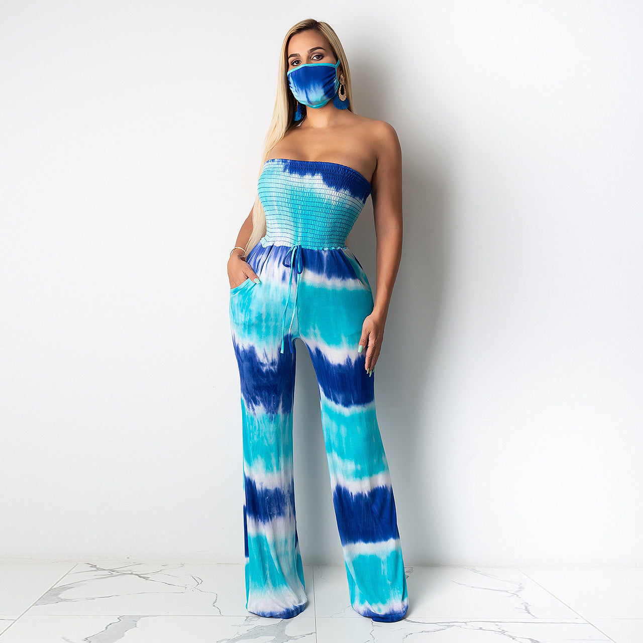 Lady’s Sexy Tie-Dye Haltered Wide- Leg One-piece with matching Face Mask