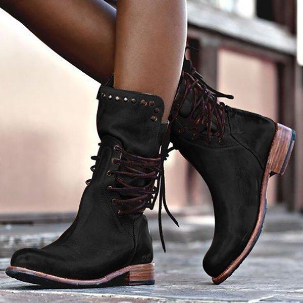 Vintage Leather Back Lace-Up Mid-calf Boots
