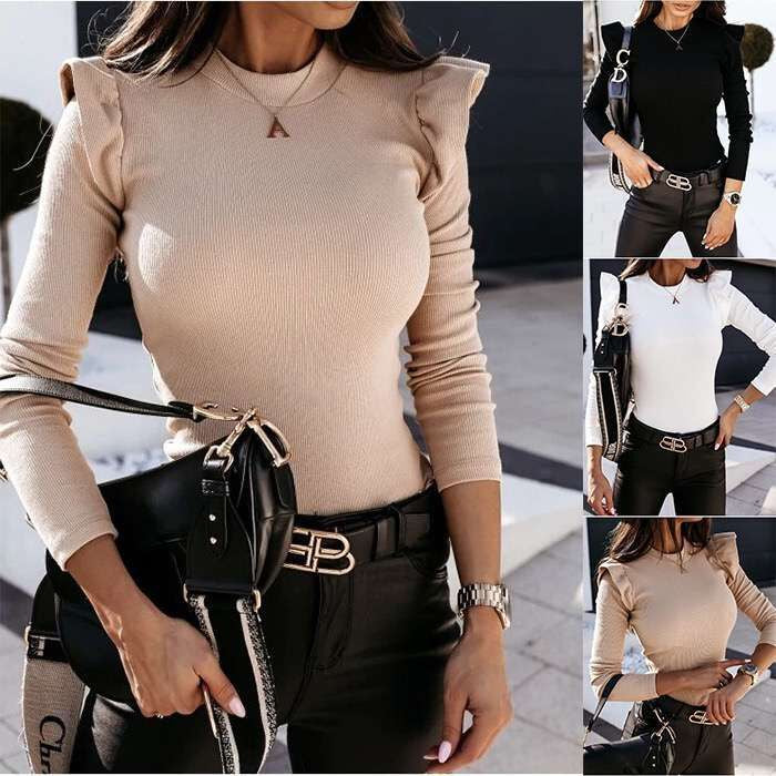 Fall Winter New Fashion Solid Color Long-Sleeved Bottoming Shirt With Wooden Ears For Women