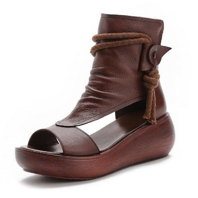 New High Top Soft Leather Fish Mouth Platform Sandals