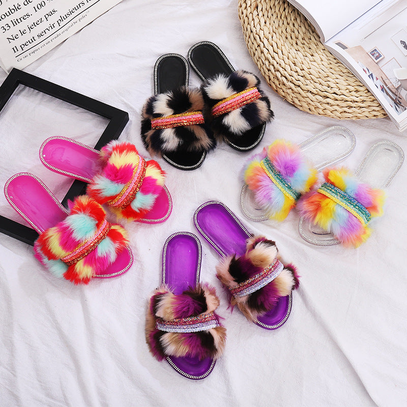 Lady’s Colorful Fur Crystal Chain Flip Flops