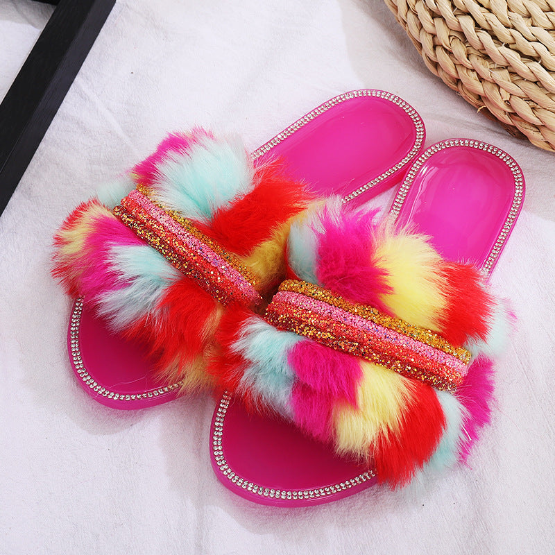 Lady’s Colorful Fur Crystal Chain Flip Flops