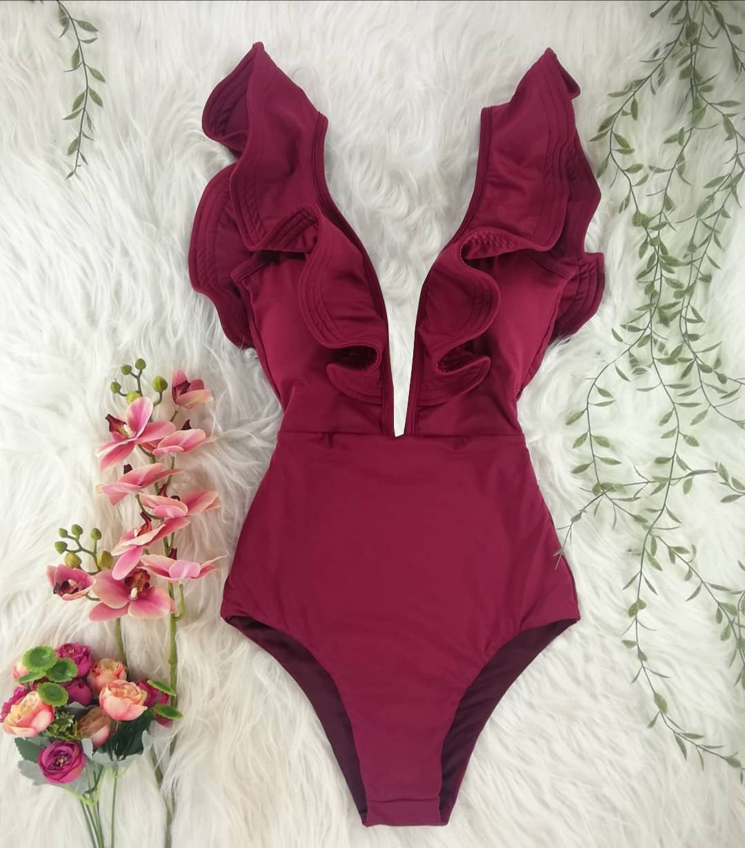 Lady’s One- Piece Shoulder Ruffle Swimsuit