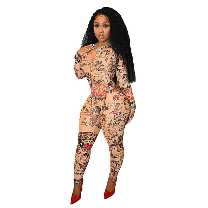 Lady’s Sexy Printed Slim-Fit Hip-Lift Jumpsuit