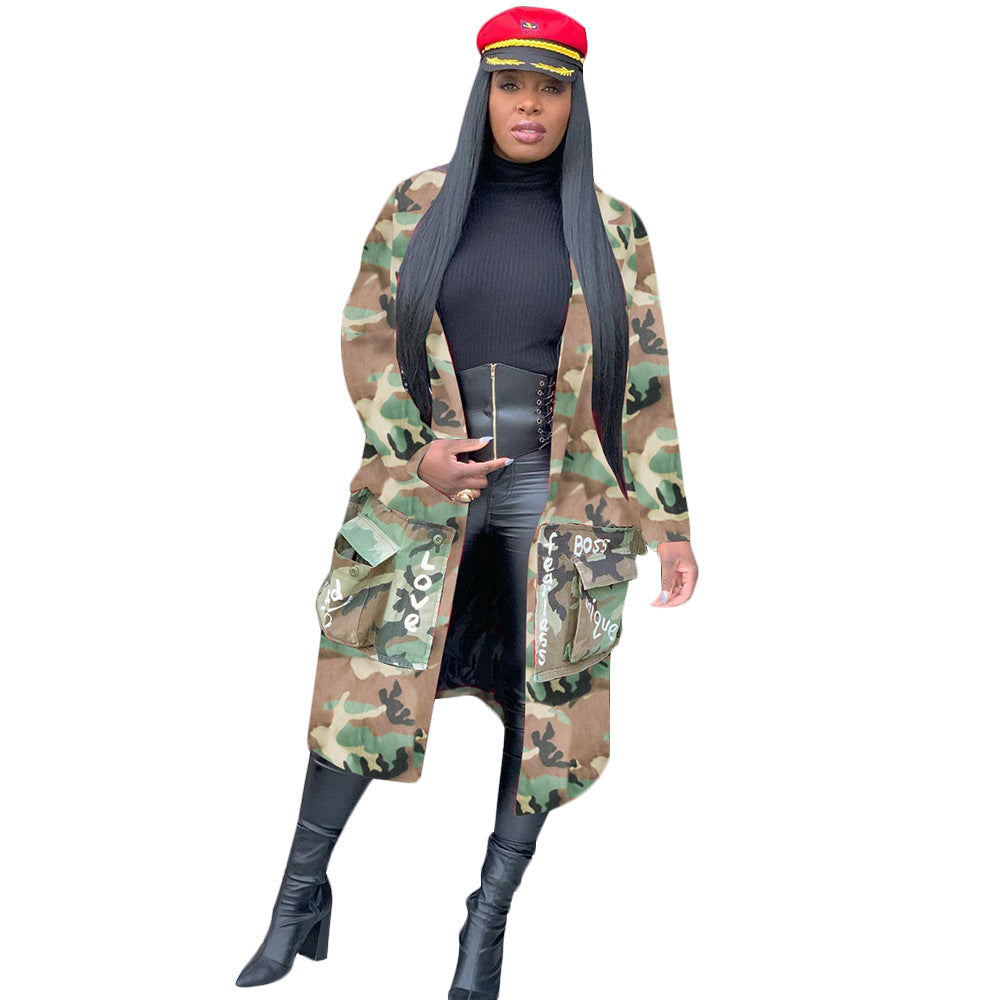 European and American women's long casual fashion camouflage printed cloth coat for women