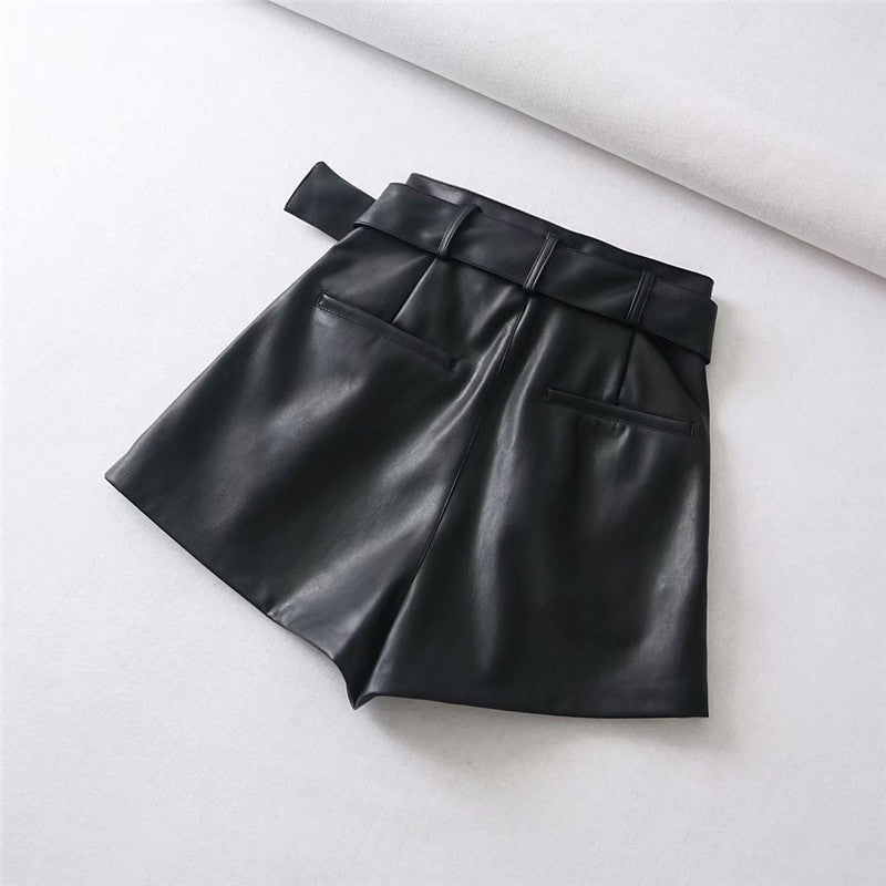 European And American Style High-waist Faux Leather Bermuda Shorts
