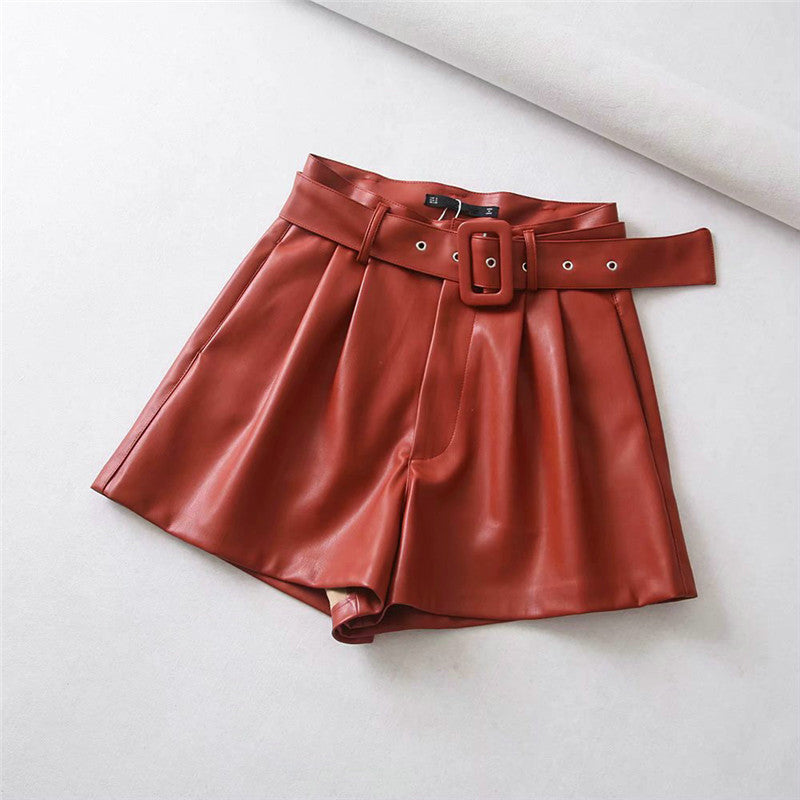 European And American Style High-waist Faux Leather Bermuda Shorts
