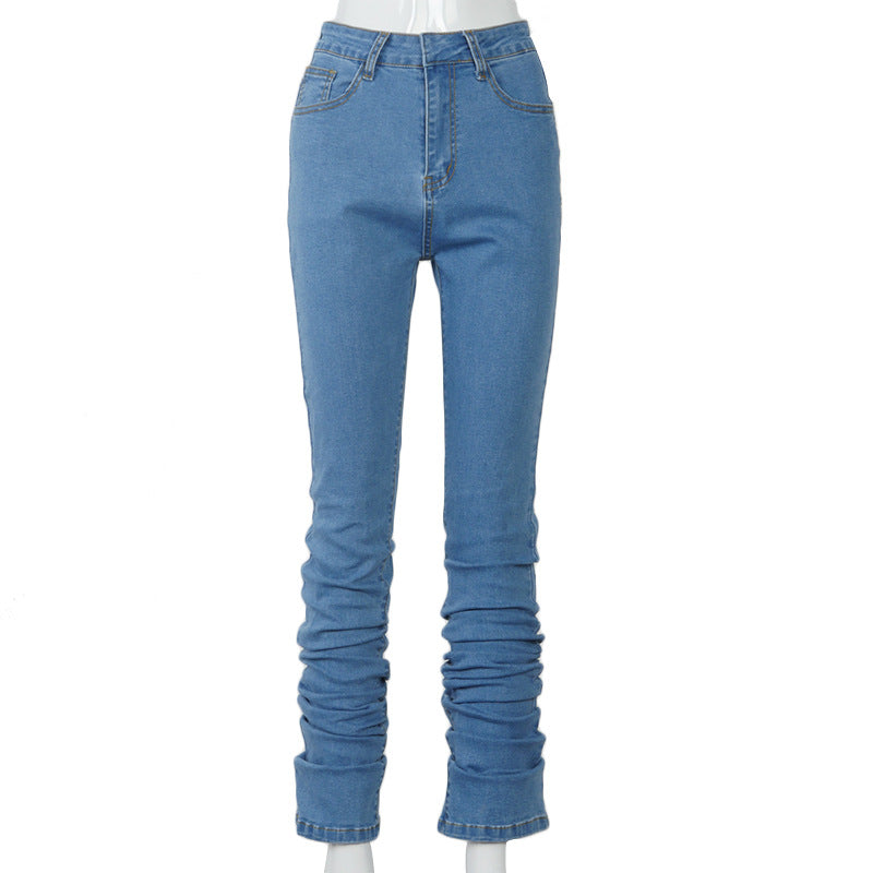 Women Ruched Denim Blue High Wait Stacked Pants