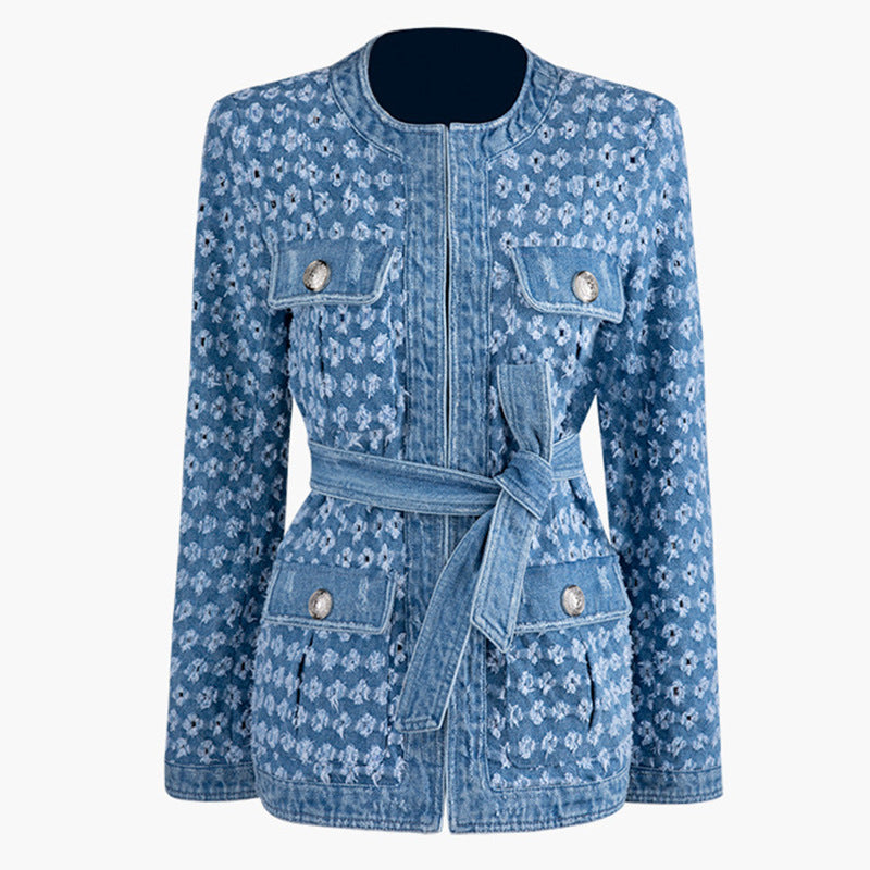 Metal button decoration washing and grinding hole round collar denim lace up coat