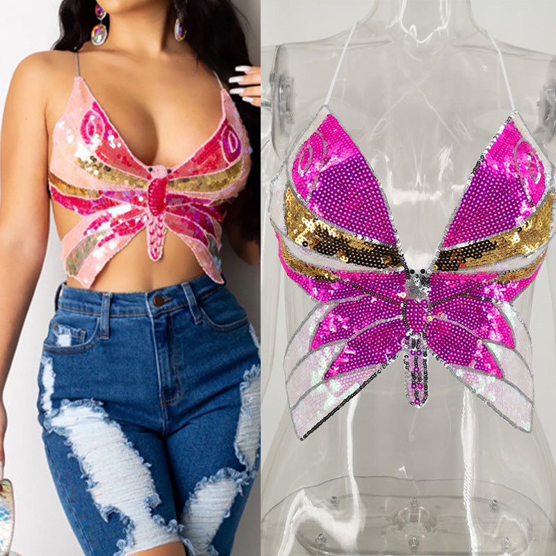 Se Xy Camisole Suspenders Butterfly Sequined Top Women'S Clothing