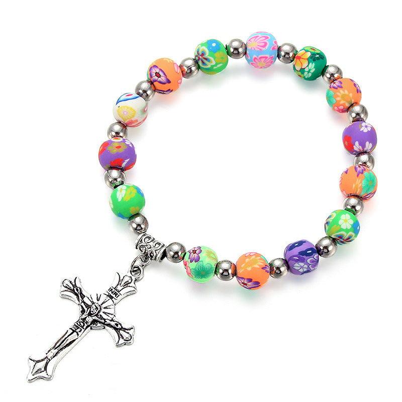 Clay Cross Necklace Colorful Prayer Beads