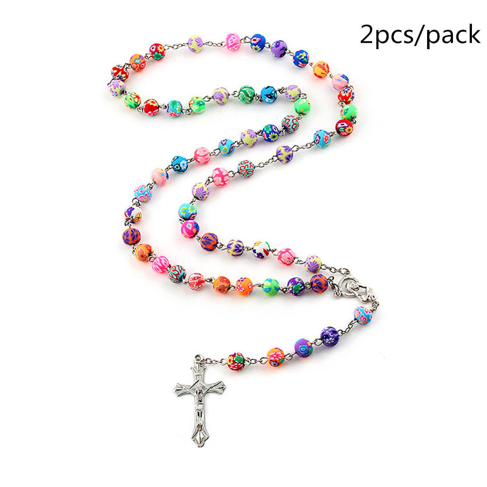 Clay Cross Necklace Colorful Prayer Beads