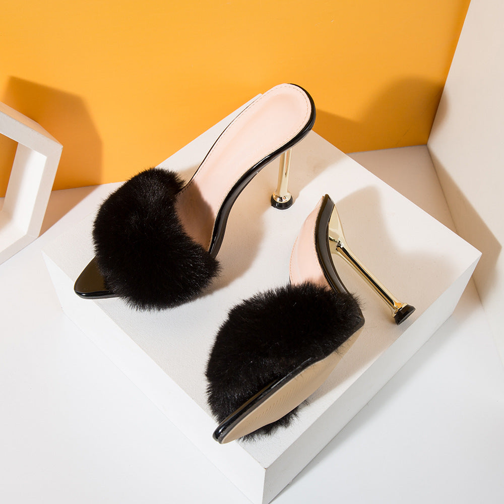 Plating Stiletto High-heeled Rabbit Fur Women Sandals
