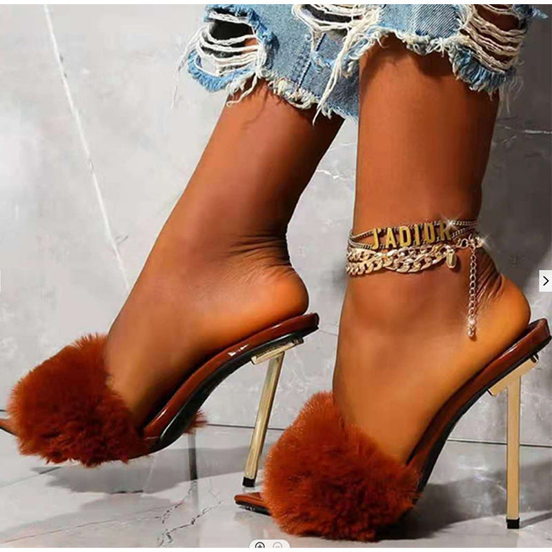 Plating Stiletto High-heeled Rabbit Fur Women Sandals