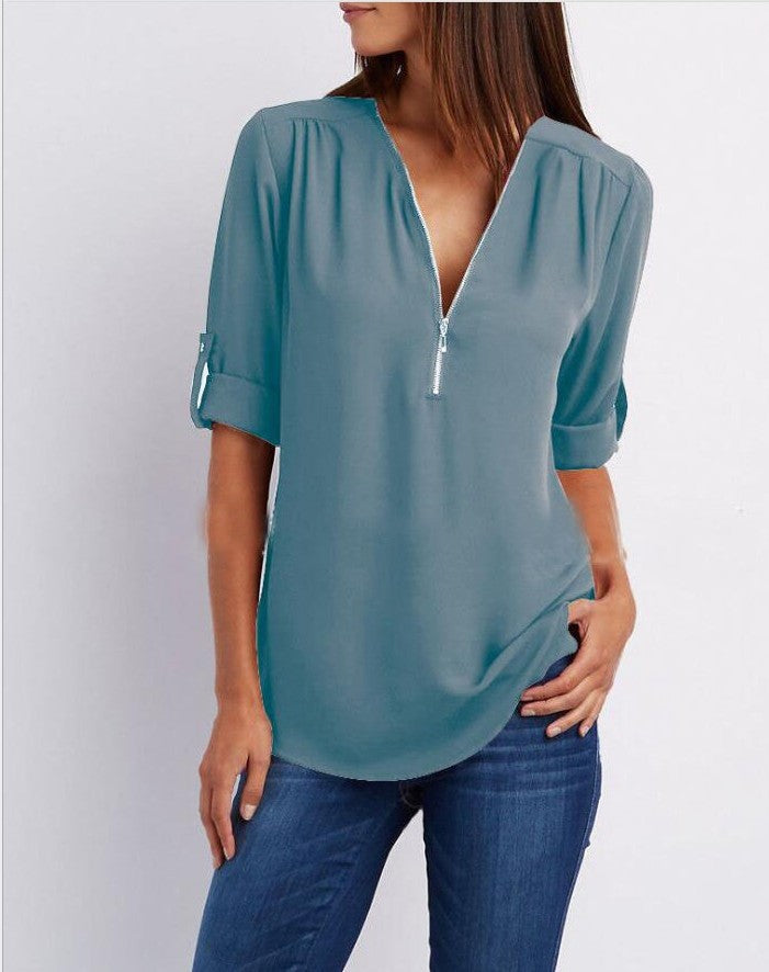 V-neck Zipper Plus Size Women's Long-sleeved Pull-over Sleeve Loose Chiffon Shirt