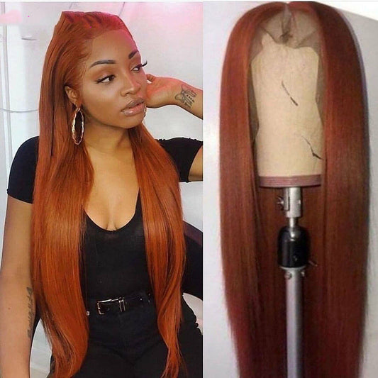 100% Human Hair Dark Orange Silky Straight 13x4 Lace Front Wig
