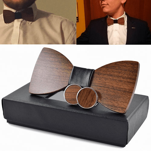 Men’s Fashion Cufflinks and Wooden Bow Tie Set